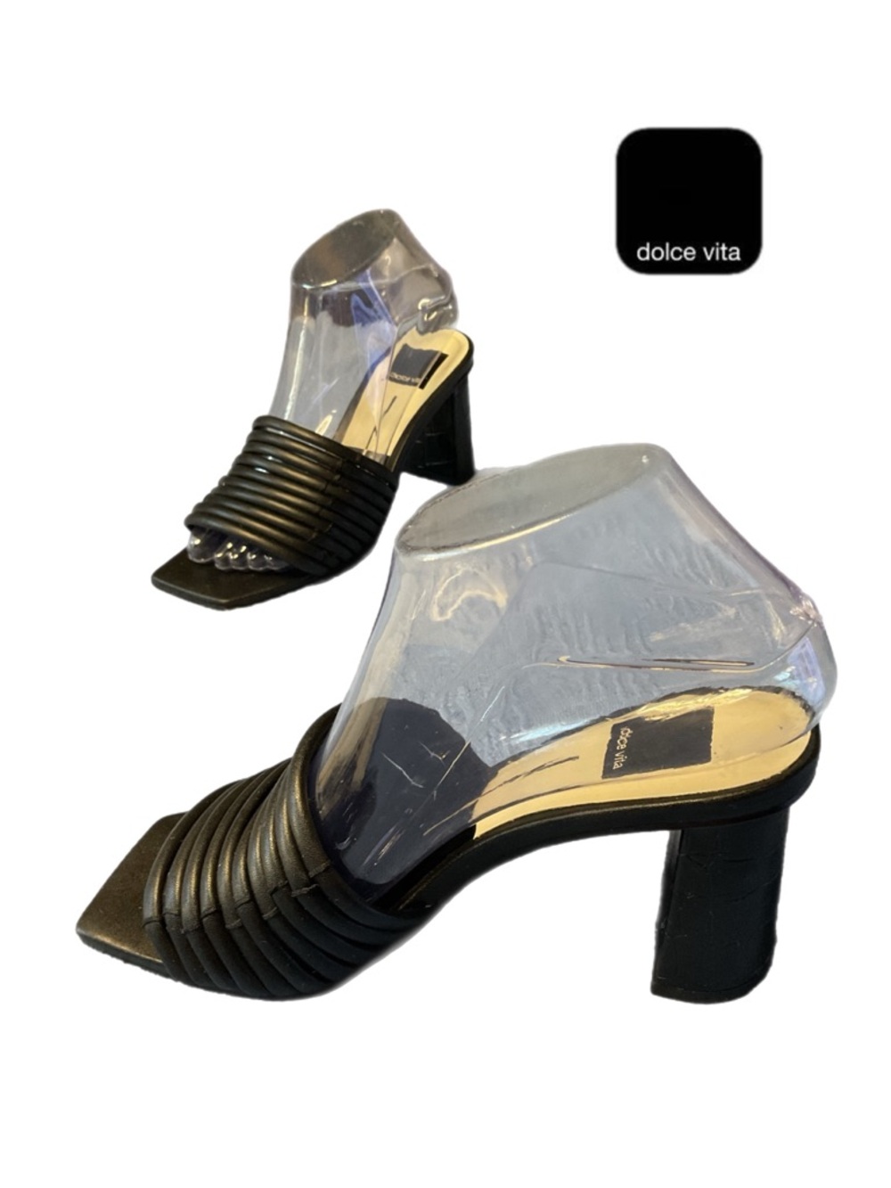 Dolce Vita Mules 6.5 Sandals Black Embossed Block Heel Summer Shoes - Picture 10 of 16